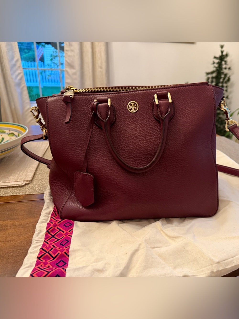 Tory Burch Burgundy Pebbled Leather Satchel with Gold Hardware